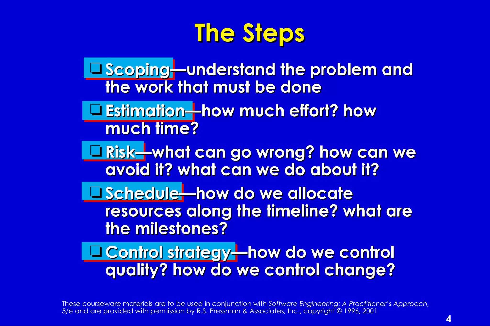 The Steps
        t Scoping—understand the problem and
          the work that must be done
        t Estimation—how much effort? how
          much time?
        t Risk—what can go wrong? how can we
          avoid it? what can we do about it?
        t Schedule—how do we allocate
          resources along the timeline? what are
          the milestones?
        t Control strategy—how do we control
          quality? how do we control change?
These courseware materials are to be used in conjunction with Software Engineering: A Practitioner’s Approach,
5/e and are provided with permission by R.S. Pressman & Associates, Inc., copyright © 1996, 2001
                                                                                                                 4
 