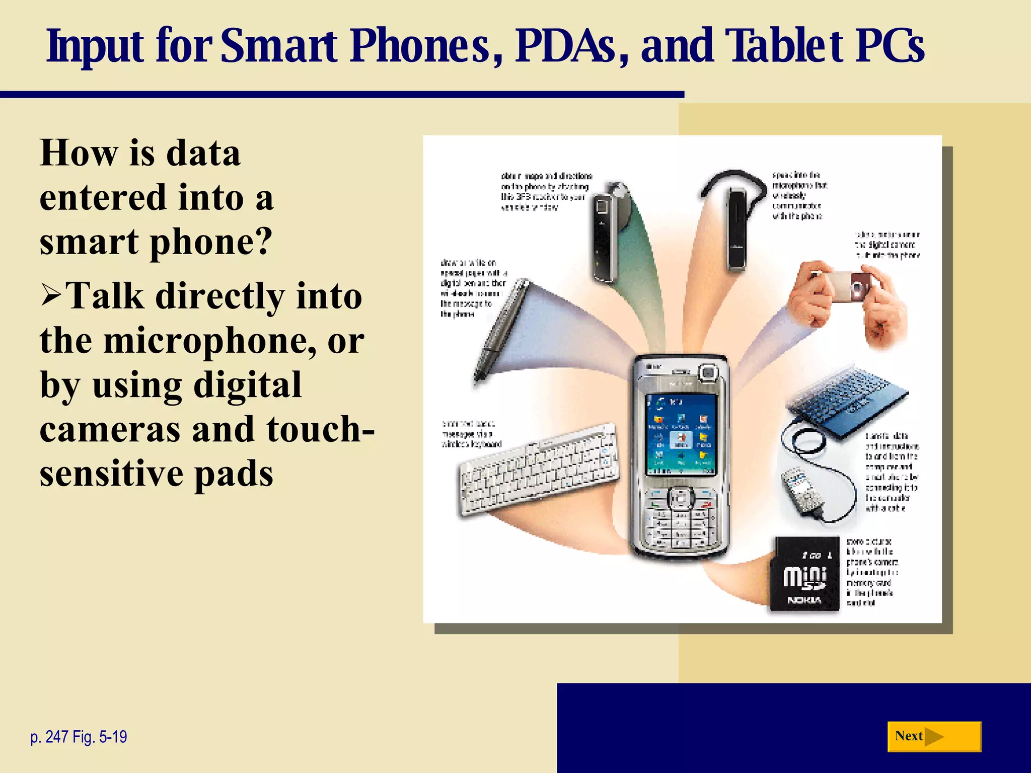 Input for Smart Phones, PDAs, and Tablet PCs How is data entered into a smart phone? Talk directly into the microphone, or by using digital cameras and touch-sensitive pads p. 247 Fig. 5-19 Next 