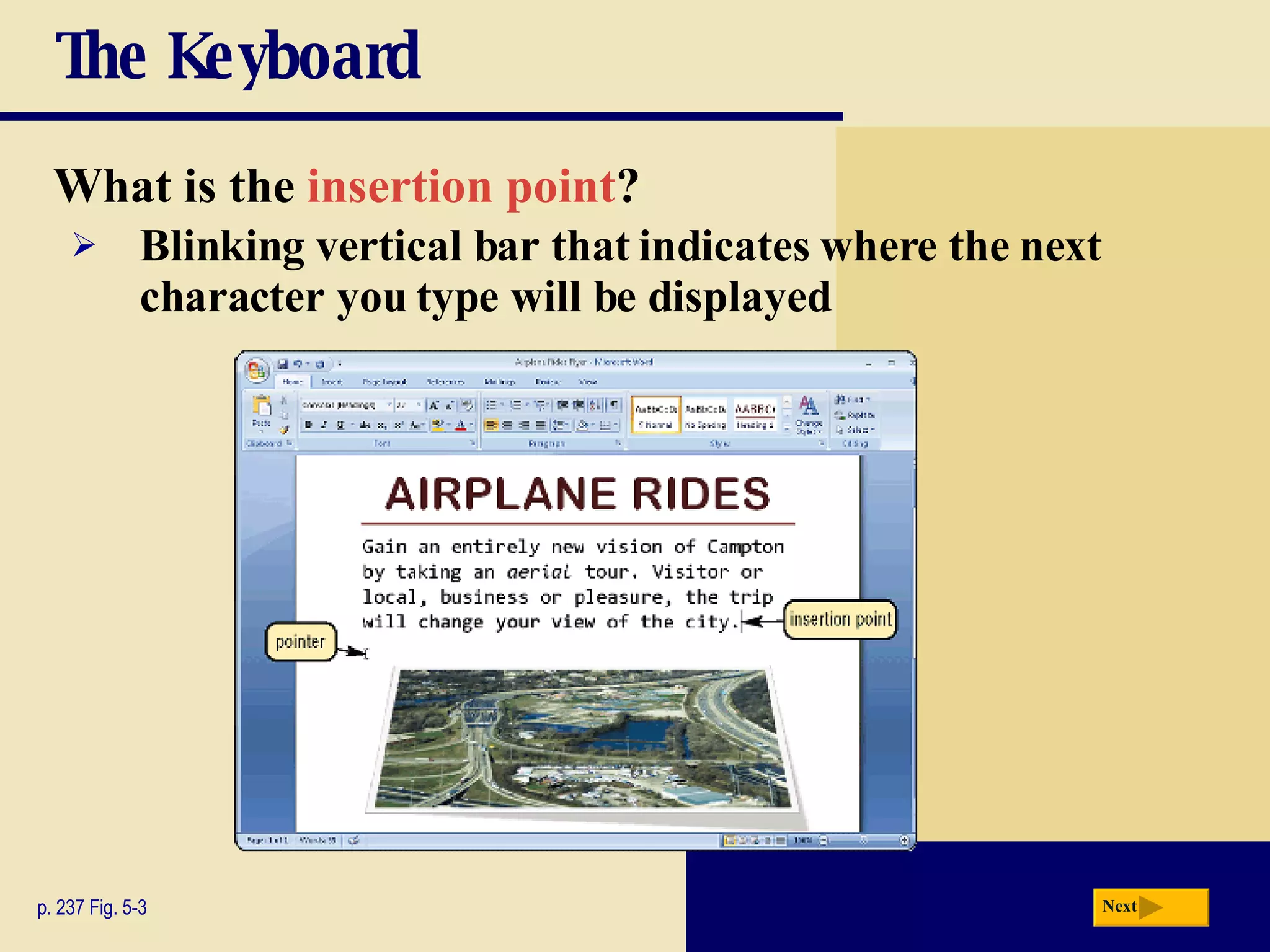 The Keyboard What is the   insertion point ? p. 237 Fig. 5-3 Blinking vertical bar that indicates where the next character you type will be displayed Next 