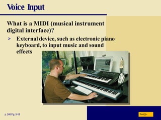 Voice Input What is a   MIDI (musical instrument  digital interface )? p. 246 Fig. 5-18 External device, such as electronic piano keyboard, to input music and sound effects Next 