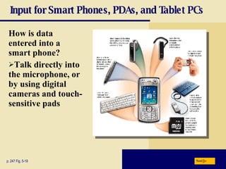 Input for Smart Phones, PDAs, and Tablet PCs How is data entered into a smart phone? Talk directly into the microphone, or by using digital cameras and touch-sensitive pads p. 247 Fig. 5-19 Next 