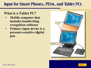 Input for Smart Phones, PDAs, and Tablet PCs What is a   Tablet PC? p. 249 – 250  Fig. 5-23 Mobile computer that includes handwriting recognition software Primary input device is a pressure-sensitive digital pen Next 