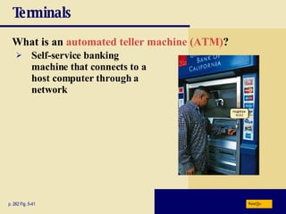 Terminals What is an   automated teller machine (ATM) ? p. 262 Fig. 5-41 Self-service banking machine that connects to a host computer through a network Next 