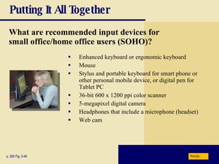 Putting It All Together Enhanced keyboard or ergonomic keyboard Mouse Stylus and portable keyboard for smart phone or other personal mobile device, or digital pen for Tablet PC 36-bit 600 x 1200 ppi color scanner 5-megapixel digital camera Headphones that include a microphone (headset) Web cam p. 265 Fig. 5-46 What are recommended input devices for  small office/home office users (SOHO)? Next 