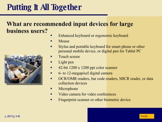 Putting It All Together Enhanced keyboard or ergonomic keyboard Mouse Stylus and portable keyboard for smart phone or other personal mobile device, or digital pen for Tablet PC Touch screen Light pen 42-bit 1200 x 1200 ppi color scanner 6- to 12-megapixel digital camera OCR/OMR readers, bar code readers, MICR reader, or data collection devices Microphone Video camera for video conferences Fingerprint scanner or other biometric device p. 265 Fig. 5-46 What are recommended input devices for large business users? Next 
