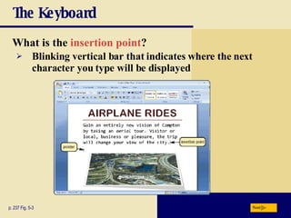 The Keyboard What is the   insertion point ? p. 237 Fig. 5-3 Blinking vertical bar that indicates where the next character you type will be displayed Next 