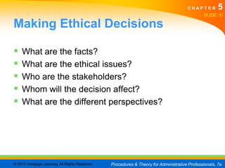 CHAPTER         5
                                                                                               SLIDE 10

Making Ethical Decisions

   What are the facts?
   What are the ethical issues?
   Who are the stakeholders?
   Whom will the decision affect?
   What are the different perspectives?




© 2013 Cengage Learning. All Rights Reserved.   Procedures & Theory for Administrative Professionals, 7e
 