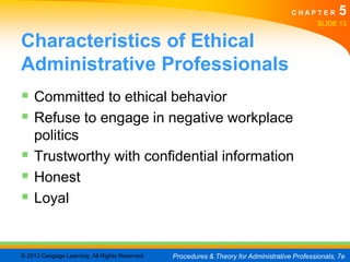 CHAPTER         5
                                                                                               SLIDE 13


Characteristics of Ethical
Administrative Professionals
 Committed to ethical behavior
 Refuse to engage in negative workplace
  politics
 Trustworthy with confidential information
 Honest
 Loyal


© 2013 Cengage Learning. All Rights Reserved.   Procedures & Theory for Administrative Professionals, 7e
 