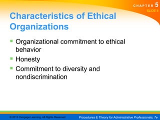 CHAPTER         5
                                                                                                SLIDE 5

Characteristics of Ethical
Organizations
 Organizational commitment to ethical
  behavior
 Honesty
 Commitment to diversity and
  nondiscrimination




© 2013 Cengage Learning. All Rights Reserved.   Procedures & Theory for Administrative Professionals, 7e
 
