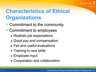 CHAPTER         5
                                                                                                SLIDE 8


Characteristics of Ethical
Organizations
 Commitment to the community
 Commitment to employees
      ●   Realistic job expectations
      ●   Good pay and compensation
      ●   Fair and useful evaluations
      ●   Training in new skills
      ●   Employee input
      ●   Cooperation and collaboration

© 2013 Cengage Learning. All Rights Reserved.   Procedures & Theory for Administrative Professionals, 7e
 