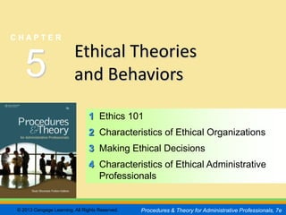 CHAPTER         5
                                                                                                SLIDE 1


CHAPTER

                         Ethical Theories
   5                     and Behaviors

                               1 Ethics 101
                               2 Characteristics of Ethical Organizations
                               3 Making Ethical Decisions
                               4 Characteristics of Ethical Administrative
                                 Professionals


© 2013 Cengage Learning. All Rights Reserved.   Procedures & Theory for Administrative Professionals, 7e
 
