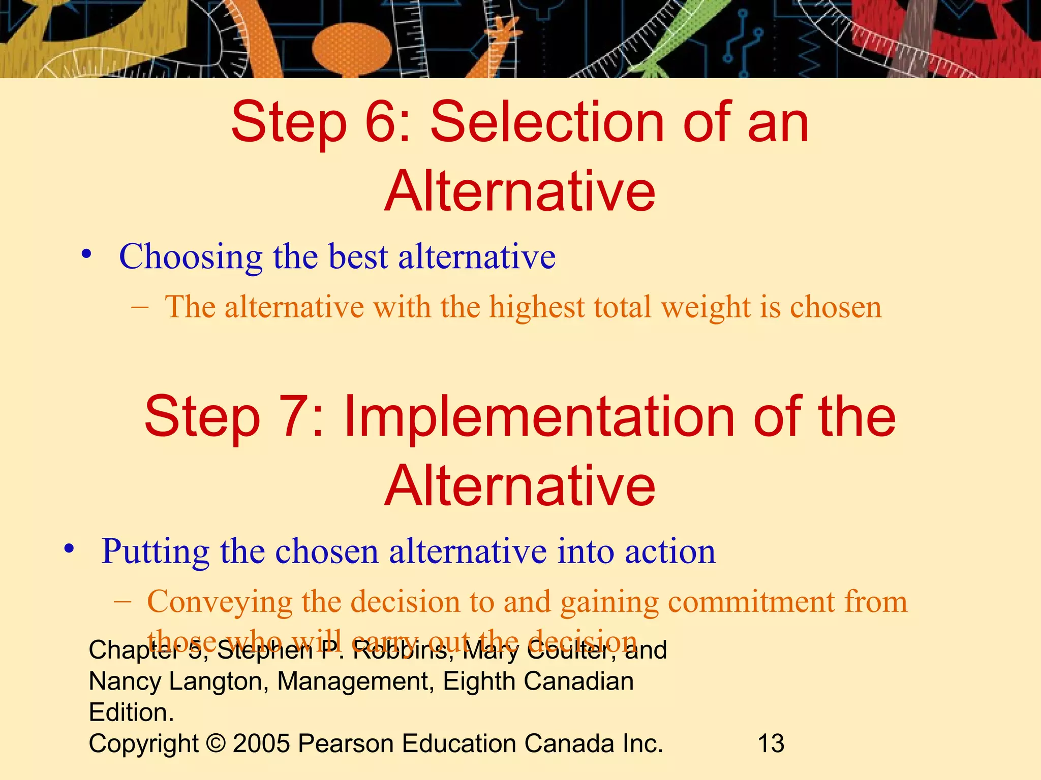 Step 6: Selection of an
                  Alternative
 • Choosing the best alternative
    – The alternative with the highest total weight is chosen


     Step 7: Implementation of the
               Alternative
• Putting the chosen alternative into action
   – Conveying the decision to and gaining commitment from
 Chapter 5, Stephen P. carry out the Coulter, and
     those who will Robbins, Mary decision
 Nancy Langton, Management, Eighth Canadian
 Edition.
 Copyright © 2005 Pearson Education Canada Inc.    13
 