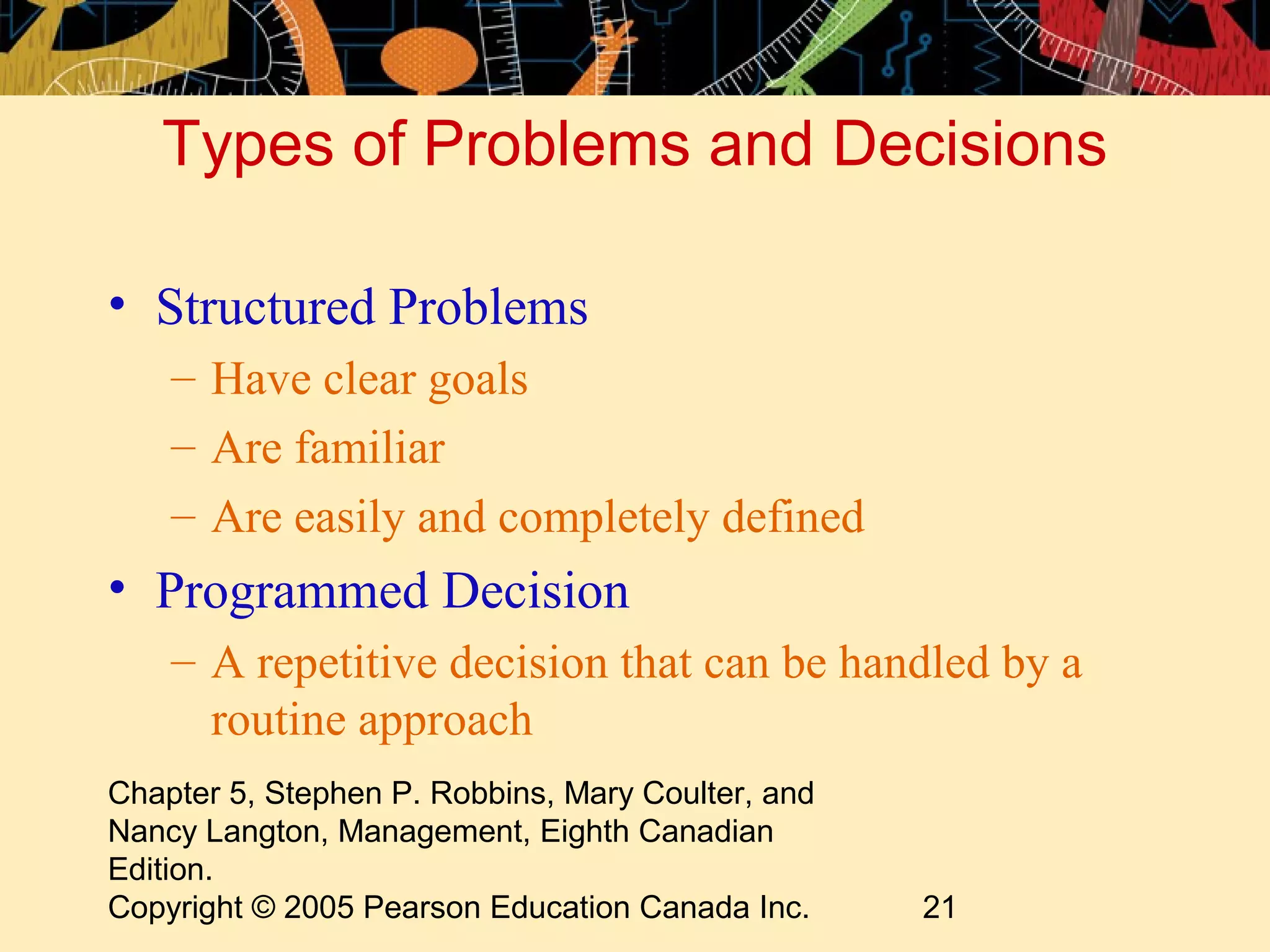 Types of Problems and Decisions

• Structured Problems
    – Have clear goals
    – Are familiar
    – Are easily and completely defined
• Programmed Decision
    – A repetitive decision that can be handled by a
      routine approach
Chapter 5, Stephen P. Robbins, Mary Coulter, and
Nancy Langton, Management, Eighth Canadian
Edition.
Copyright © 2005 Pearson Education Canada Inc.     21
 