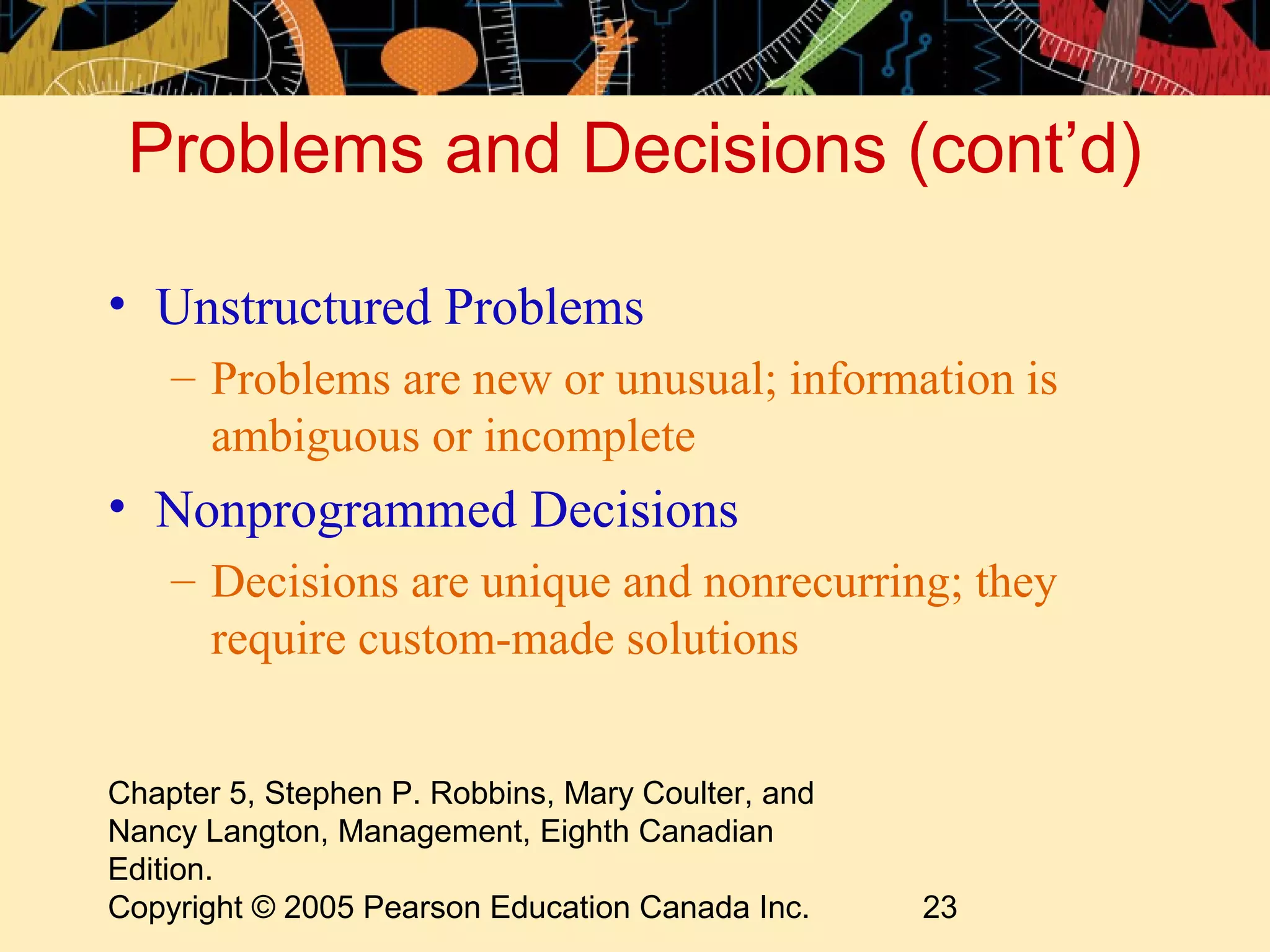 Problems and Decisions (cont’d)

• Unstructured Problems
    – Problems are new or unusual; information is
      ambiguous or incomplete
• Nonprogrammed Decisions
    – Decisions are unique and nonrecurring; they
      require custom-made solutions


Chapter 5, Stephen P. Robbins, Mary Coulter, and
Nancy Langton, Management, Eighth Canadian
Edition.
Copyright © 2005 Pearson Education Canada Inc.     23
 