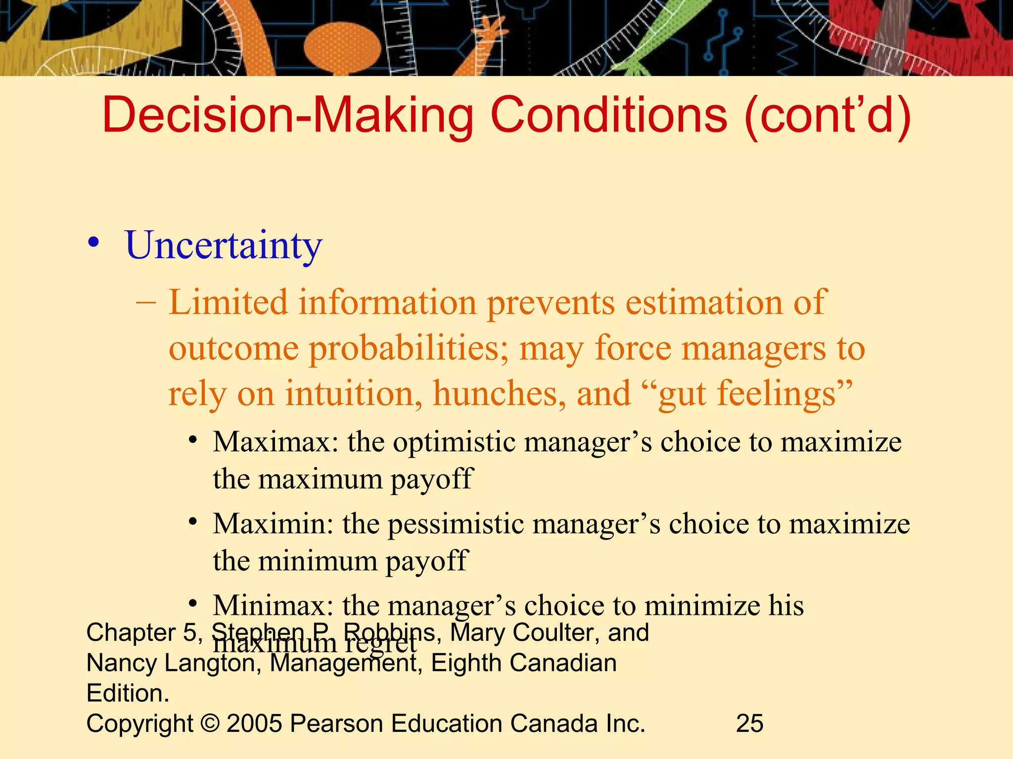 Decision-Making Conditions (cont’d)

• Uncertainty
    – Limited information prevents estimation of
      outcome probabilities; may force managers to
      rely on intuition, hunches, and “gut feelings”
        • Maximax: the optimistic manager’s choice to maximize
           the maximum payoff
        • Maximin: the pessimistic manager’s choice to maximize
           the minimum payoff
        • Minimax: the manager’s choice to minimize his
Chapter 5, Stephen P. Robbins, Mary Coulter, and
           maximum regret
Nancy Langton, Management, Eighth Canadian
Edition.
Copyright © 2005 Pearson Education Canada Inc.   25
 