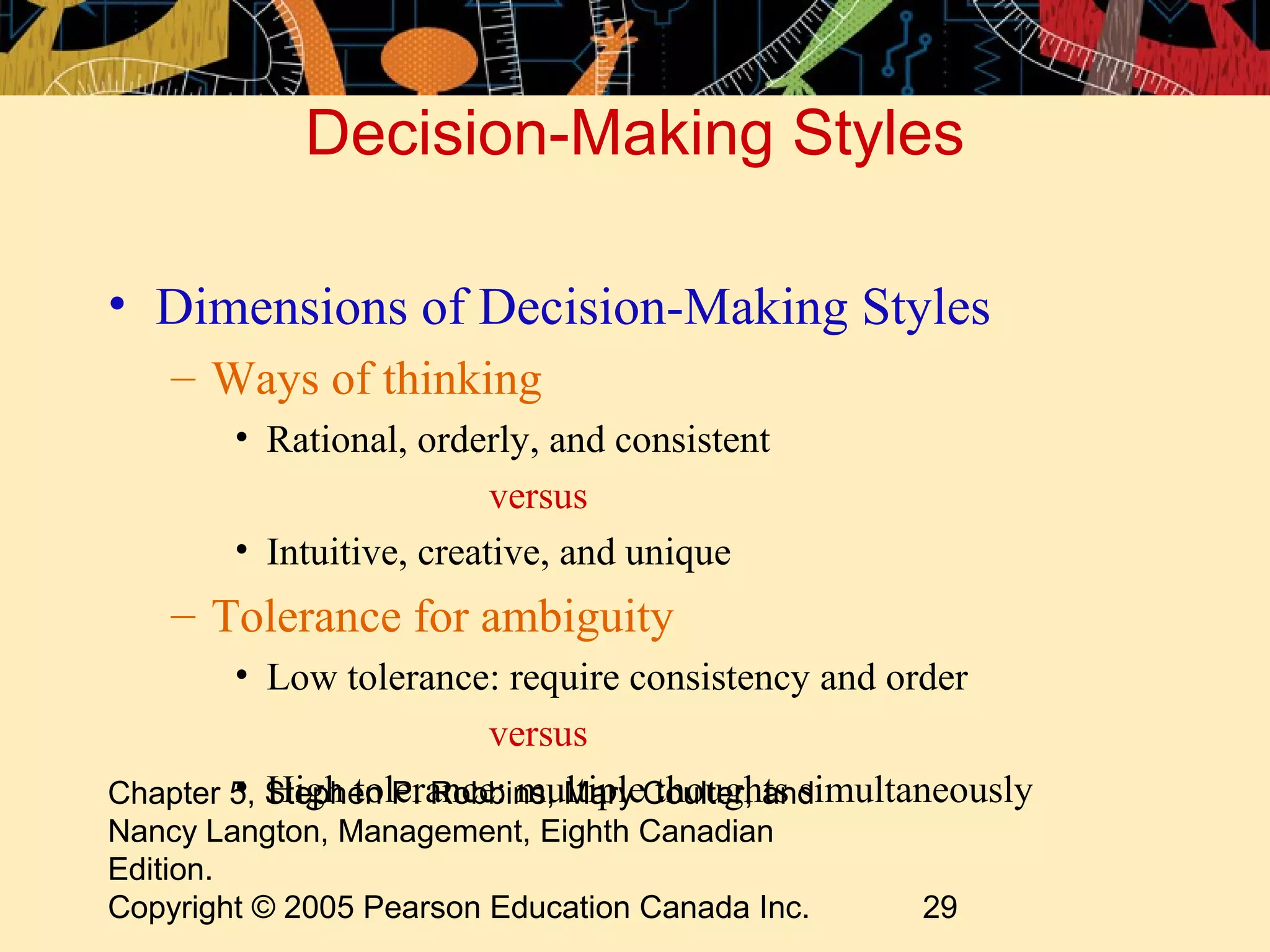Decision-Making Styles

• Dimensions of Decision-Making Styles
    – Ways of thinking
        • Rational, orderly, and consistent
                          versus
        • Intuitive, creative, and unique
    – Tolerance for ambiguity
        • Low tolerance: require consistency and order
                         versus
        • High tolerance: multiple thoughts simultaneously
Chapter 5, Stephen P. Robbins, Mary Coulter, and
Nancy Langton, Management, Eighth Canadian
Edition.
Copyright © 2005 Pearson Education Canada Inc.     29
 