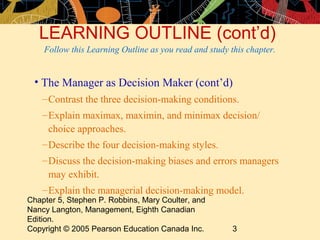 LEARNING OUTLINE (cont’d)
    Follow this Learning Outline as you read and study this chapter.


 • The Manager as Decision Maker (cont’d)
    – Contrast the three decision-making conditions.
    – Explain maximax, maximin, and minimax decision/
      choice approaches.
    – Describe the four decision-making styles.
    – Discuss the decision-making biases and errors managers
      may exhibit.
    – Explain the managerial decision-making model.
Chapter 5, Stephen P. Robbins, Mary Coulter, and
Nancy Langton, Management, Eighth Canadian
Edition.
Copyright © 2005 Pearson Education Canada Inc.          3
 