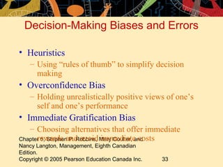 Decision-Making Biases and Errors

• Heuristics
    – Using “rules of thumb” to simplify decision
      making
• Overconfidence Bias
    – Holding unrealistically positive views of one’s
      self and one’s performance
• Immediate Gratification Bias
   – Choosing alternatives that offer immediate
      rewards and avoid immediate costs
Chapter 5, Stephen P. Robbins, Mary Coulter, and
Nancy Langton, Management, Eighth Canadian
Edition.
Copyright © 2005 Pearson Education Canada Inc.   33
 