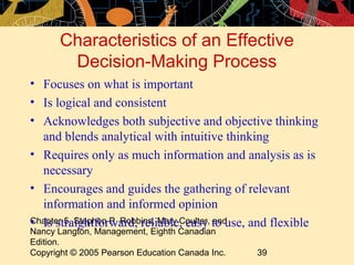Characteristics of an Effective
        Decision-Making Process
• Focuses on what is important
• Is logical and consistent
• Acknowledges both subjective and objective thinking
  and blends analytical with intuitive thinking
• Requires only as much information and analysis as is
  necessary
• Encourages and guides the gathering of relevant
  information and informed opinion
Chapter 5, Stephen P. Robbins, Mary Coulter, to use, and flexible
• Is straightforward, reliable, easy and
Nancy Langton, Management, Eighth Canadian
Edition.
Copyright © 2005 Pearson Education Canada Inc.     39
 