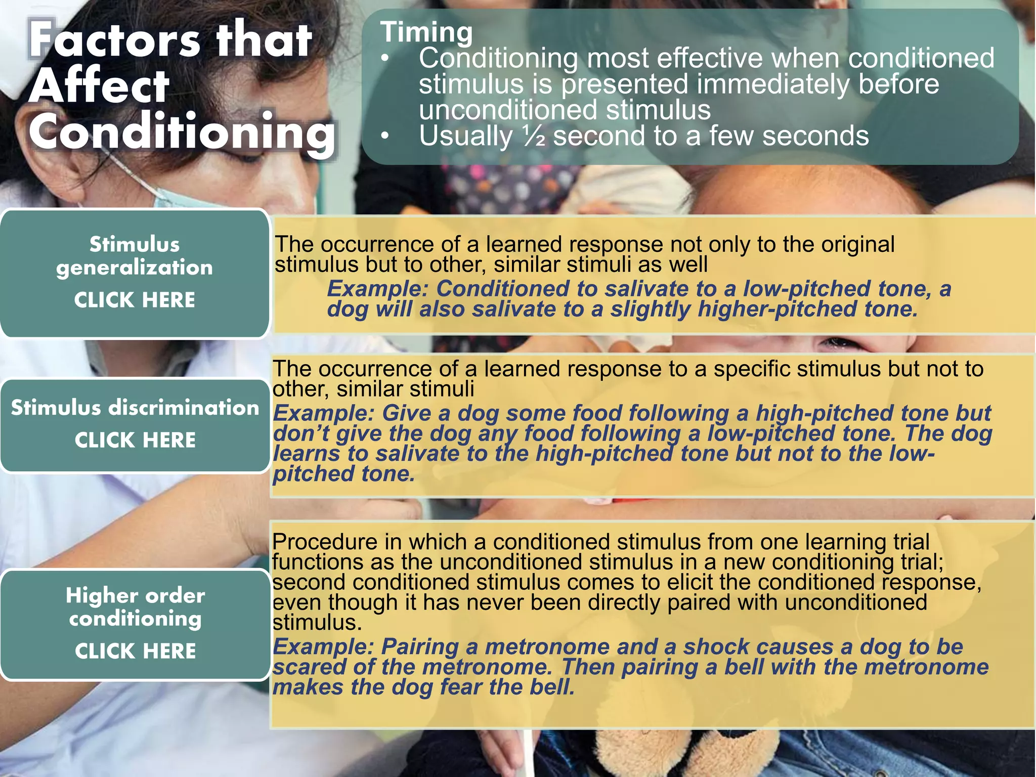 Factors that 
Affect 
Conditioning 
The occurrence of a learned response not only to the original 
stimulus but to other, similar stimuli as well 
Example: Conditioned to salivate to a low-pitched tone, a 
dog will also salivate to a slightly higher-pitched tone. 
Stimulus 
generalization 
CLICK HERE 
The occurrence of a learned response to a specific stimulus but not to 
other, similar stimuli 
Example: Give a dog some food following a high-pitched tone but 
don’t give the dog any food following a low-pitched tone. The dog 
learns to salivate to the high-pitched tone but not to the low-pitched 
tone. 
Stimulus discrimination 
CLICK HERE 
Procedure in which a conditioned stimulus from one learning trial 
functions as the unconditioned stimulus in a new conditioning trial; 
second conditioned stimulus comes to elicit the conditioned response, 
even though it has never been directly paired with unconditioned 
stimulus. 
Example: Pairing a metronome and a shock causes a dog to be 
scared of the metronome. Then pairing a bell with the metronome 
makes the dog fear the bell. 
Higher order 
conditioning 
CLICK HERE 
Timing 
• Conditioning most effective when conditioned 
stimulus is presented immediately before 
unconditioned stimulus 
• Usually ½ second to a few seconds 
 