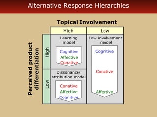 Alternative Response Hierarchies 
High Low 
Low High 
Topical Involvement 
Perceived product 
differentiation 
Learning 
model 
Low involvement 
model 
Cognitive 
Affective 
Conative 
Dissonance/ 
attribution model 
Conative 
Affective 
Cognitive 
Cognitive 
Conative 
Affective 
 