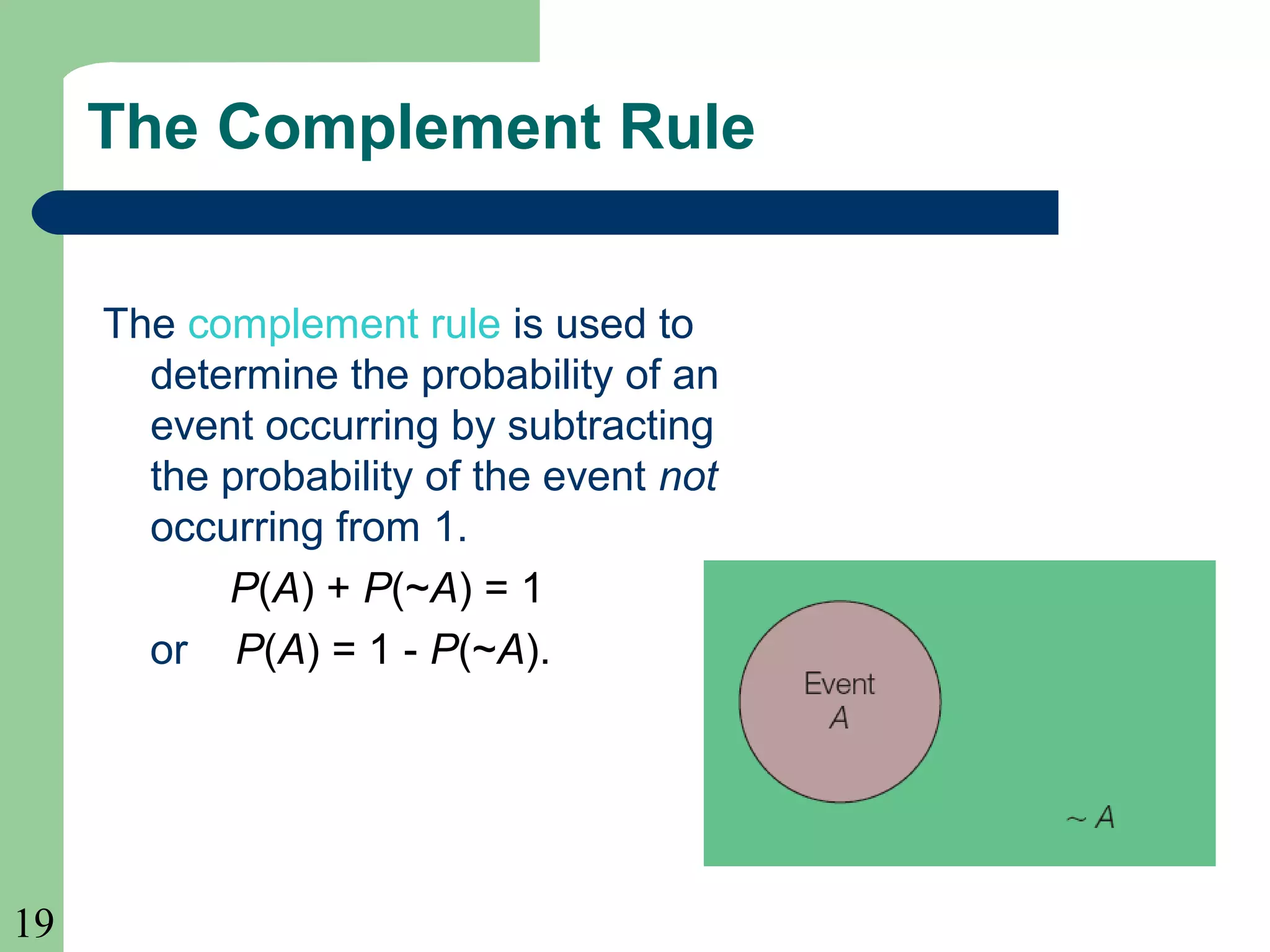19 
The Complement Rule 
The complement rule is used to 
determine the probability of an 
event occurring by subtracting 
the probability of the event not 
occurring from 1. 
P(A) + P(~A) = 1 
or P(A) = 1 - P(~A). 
 