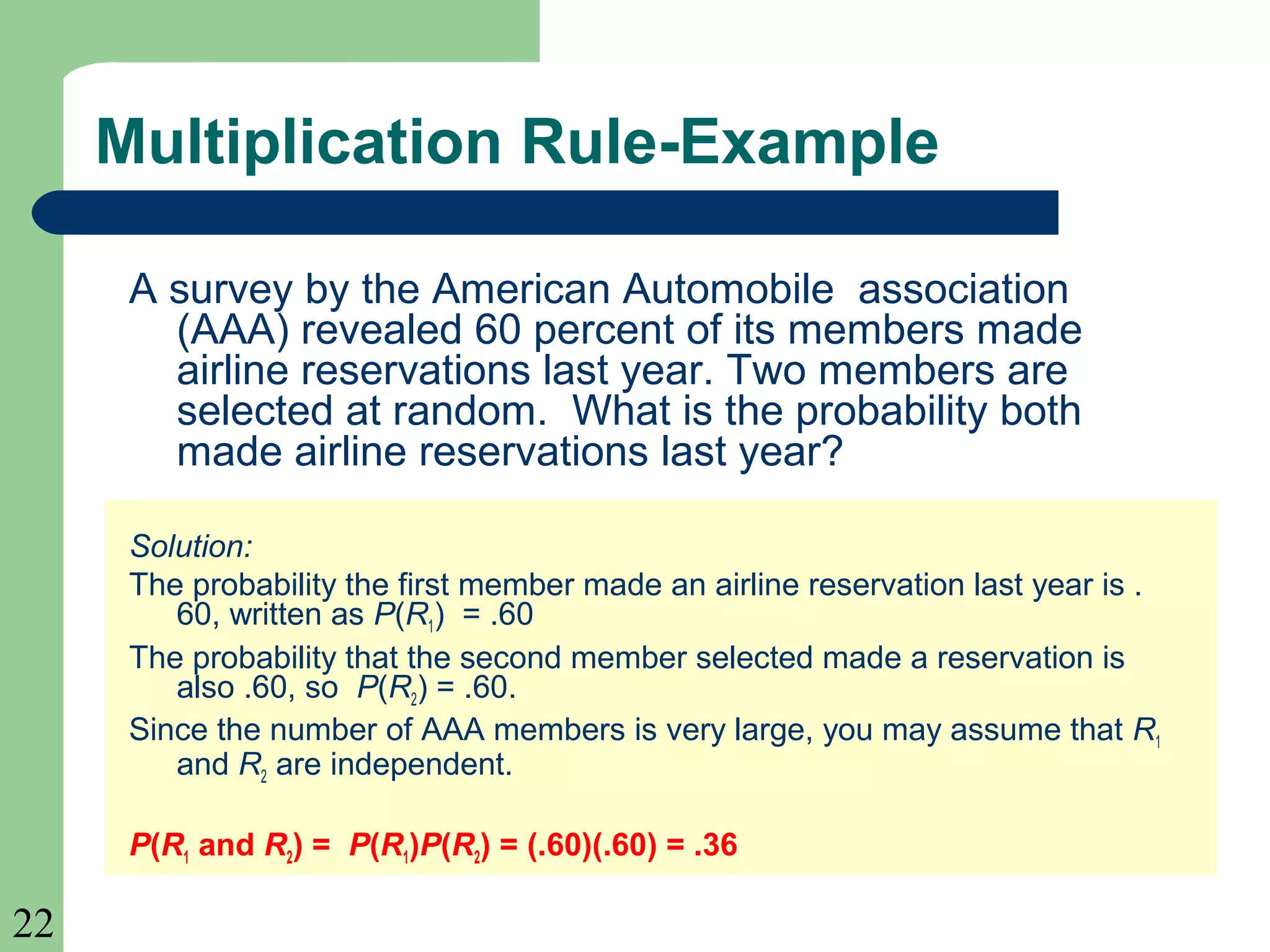 22 
Multiplication Rule-Example 
A survey by the American Automobile association 
(AAA) revealed 60 percent of its members made 
airline reservations last year. Two members are 
selected at random. What is the probability both 
made airline reservations last year? 
Solution: 
The probability the first member made an airline reservation last year is . 
60, written as P(R1) = .60 
The probability that the second member selected made a reservation is 
also .60, so P(R2) = .60. 
Since the number of AAA members is very large, you may assume that R1 
and R2 are independent. 
P(R1 and R2) = P(R1)P(R2) = (.60)(.60) = .36 
 