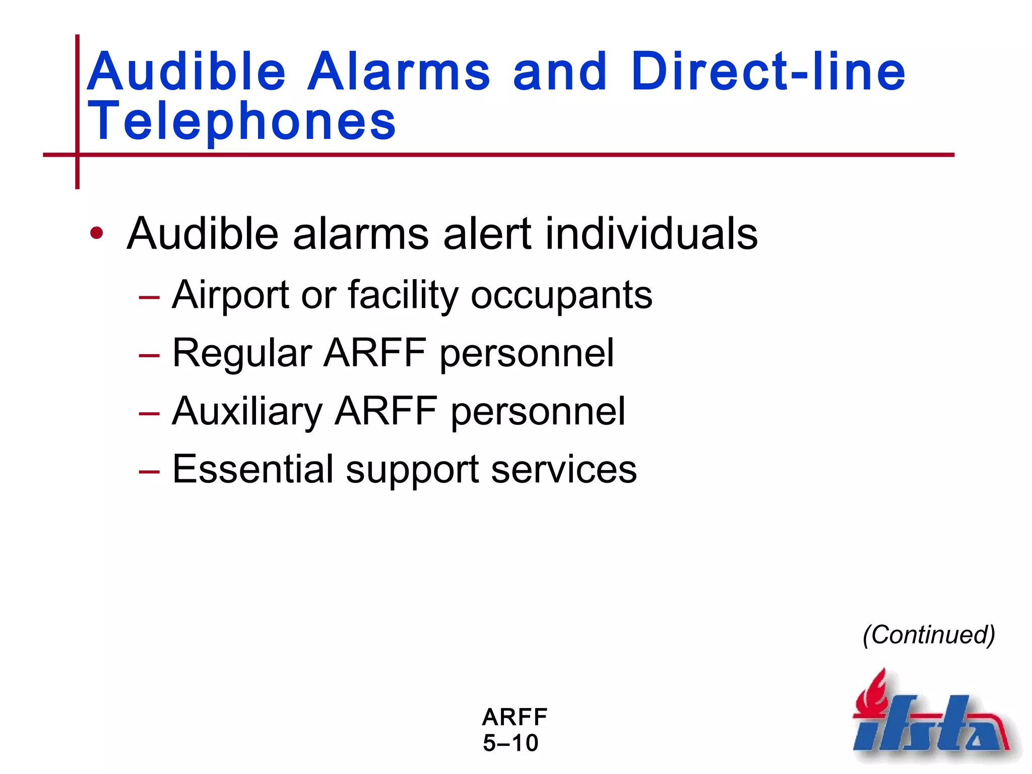 ARFF
5–10
Audible Alarms and Direct-line
Telephones
• Audible alarms alert individuals
– Airport or facility occupants
– Regular ARFF personnel
– Auxiliary ARFF personnel
– Essential support services
(Continued)
 