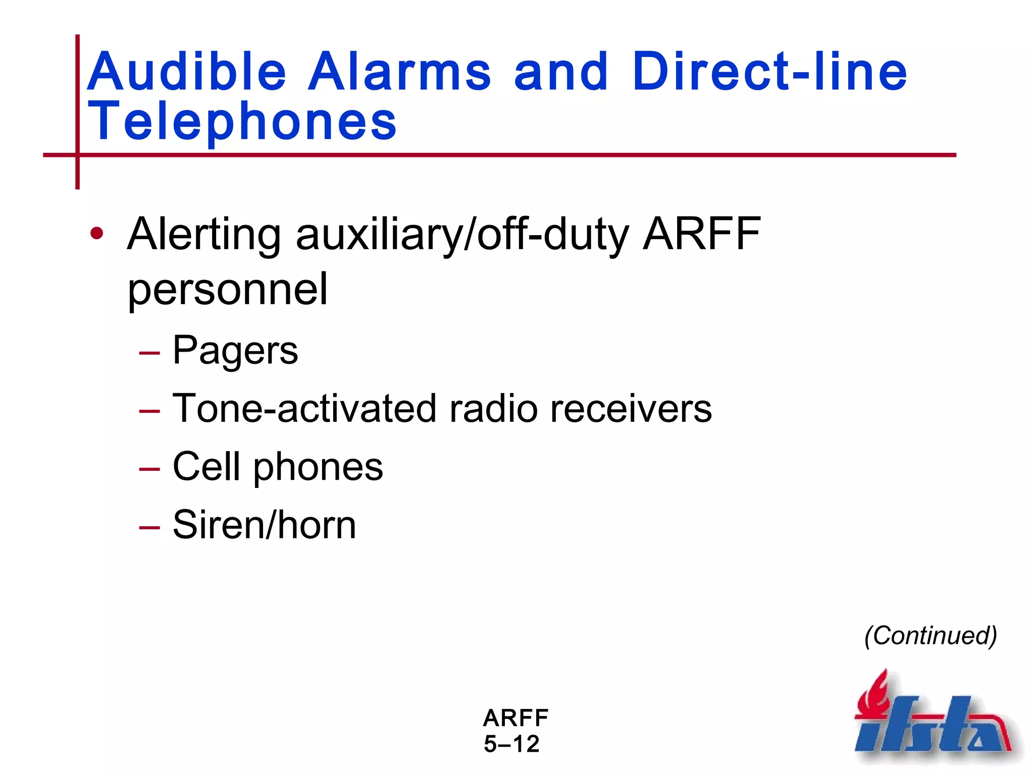 ARFF
5–12
Audible Alarms and Direct-line
Telephones
• Alerting auxiliary/off-duty ARFF
personnel
– Pagers
– Tone-activated radio receivers
– Cell phones
– Siren/horn
(Continued)
 