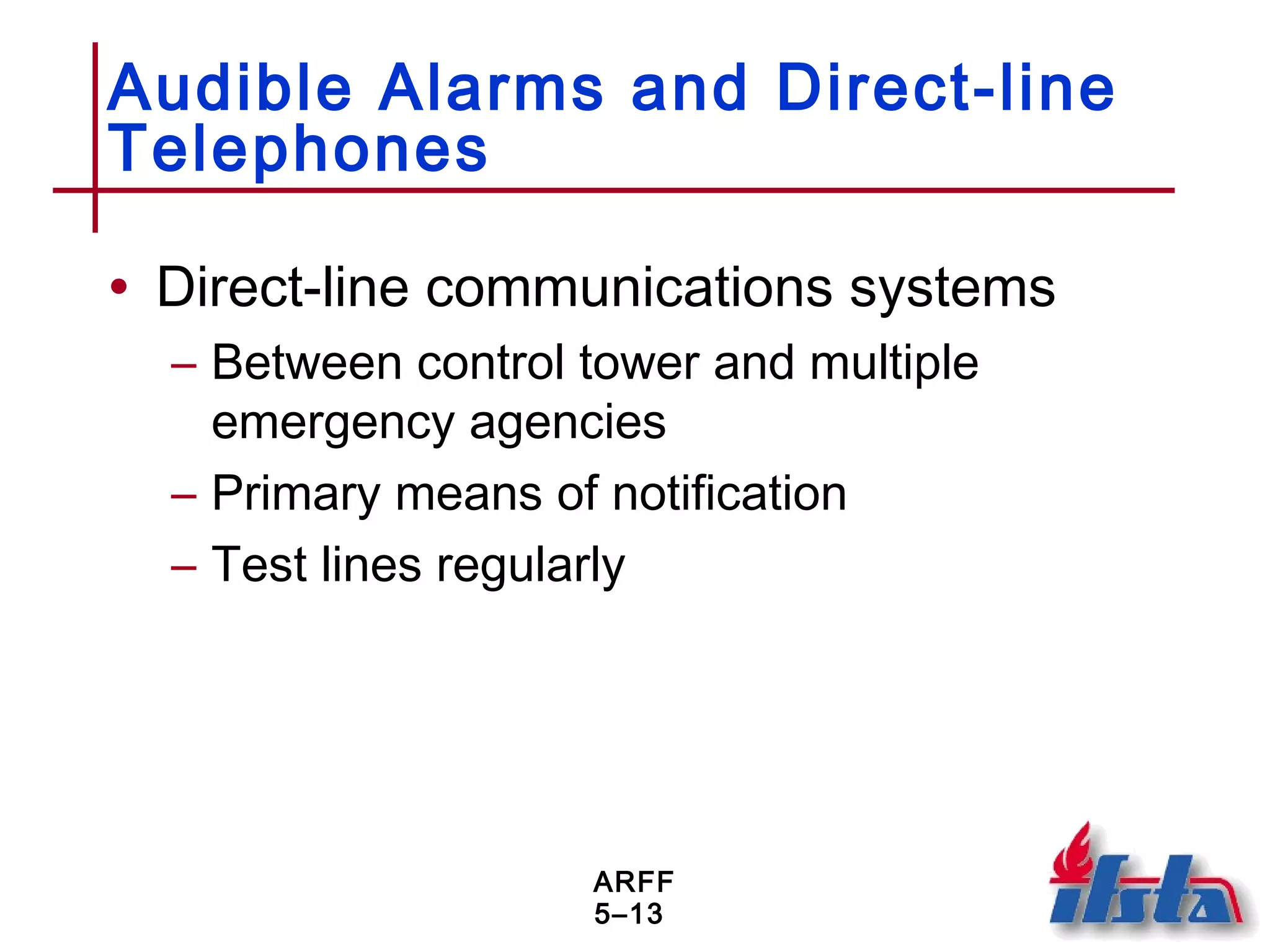 ARFF
5–13
Audible Alarms and Direct-line
Telephones
• Direct-line communications systems
– Between control tower and multiple
emergency agencies
– Primary means of notification
– Test lines regularly
 
