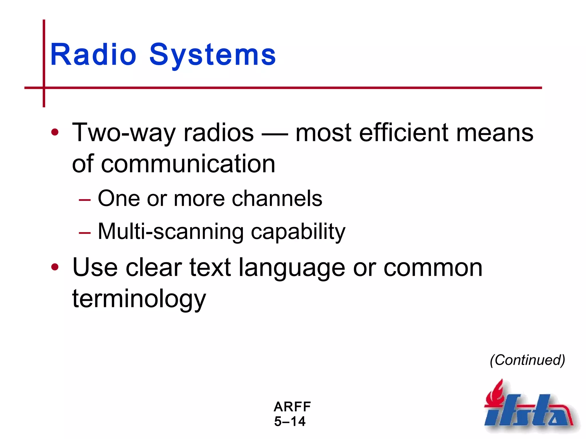 ARFF
5–14
Radio Systems
• Two-way radios — most efficient means
of communication
– One or more channels
– Multi-scanning capability
• Use clear text language or common
terminology
(Continued)
 