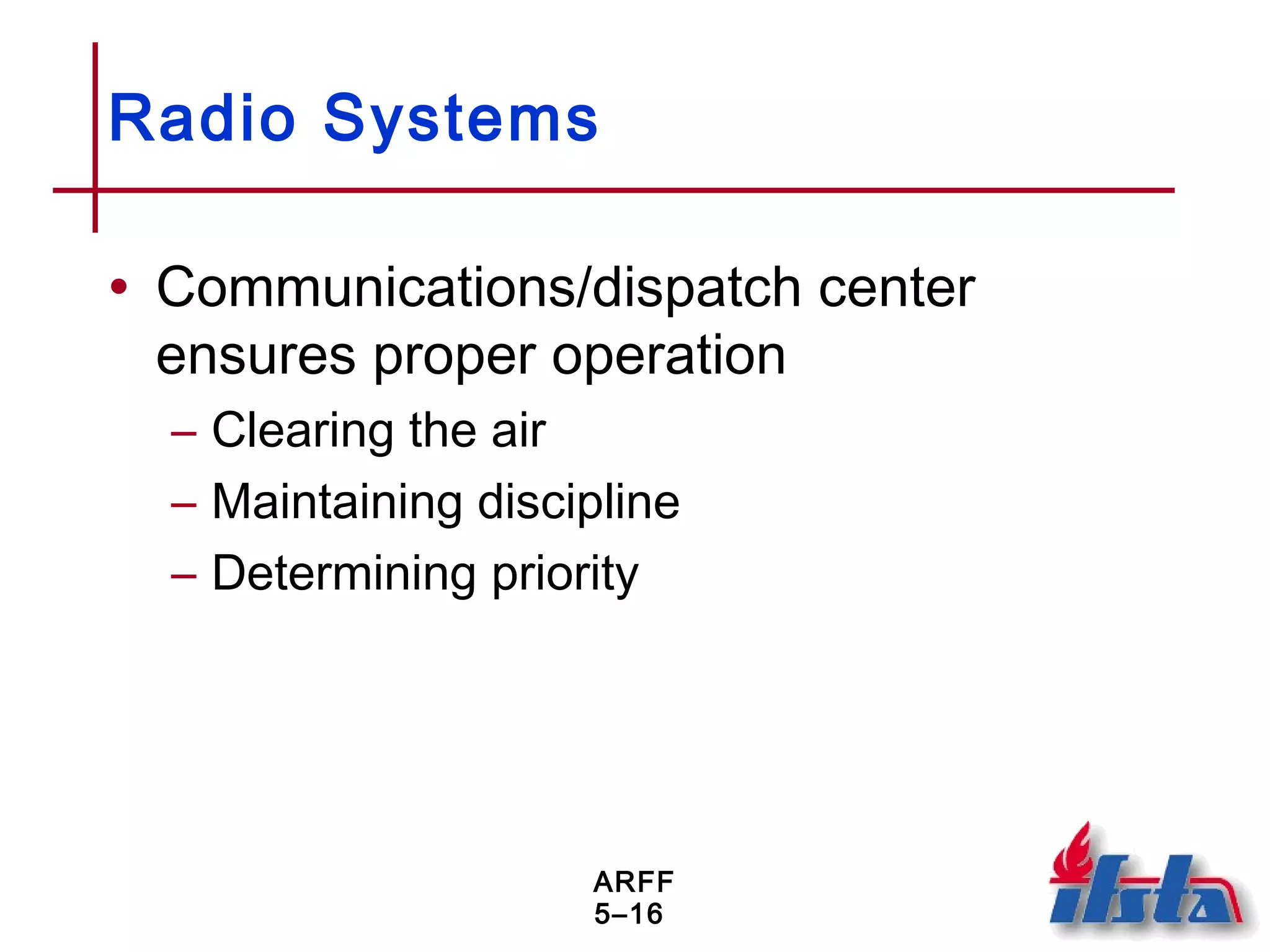 ARFF
5–16
Radio Systems
• Communications/dispatch center
ensures proper operation
– Clearing the air
– Maintaining discipline
– Determining priority
 