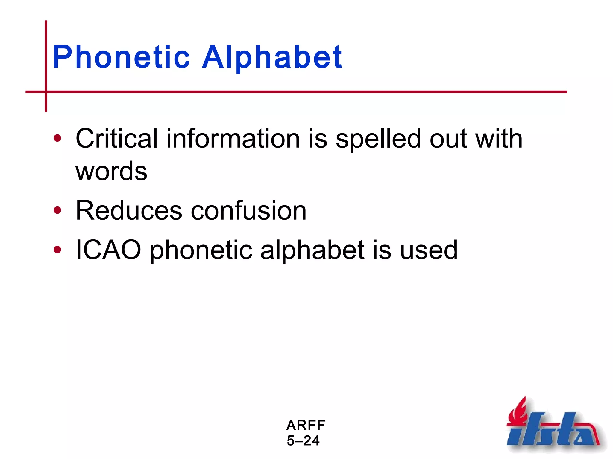 ARFF
5–24
Phonetic Alphabet
• Critical information is spelled out with
words
• Reduces confusion
• ICAO phonetic alphabet is used
 