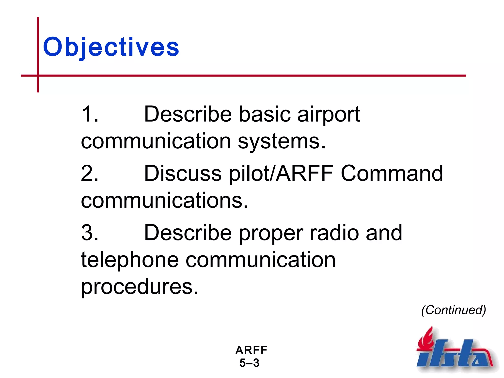 ARFF
5–3
Objectives
1. Describe basic airport
communication systems.
2. Discuss pilot/ARFF Command
communications.
3. Describe proper radio and
telephone communication
procedures.
(Continued)
 