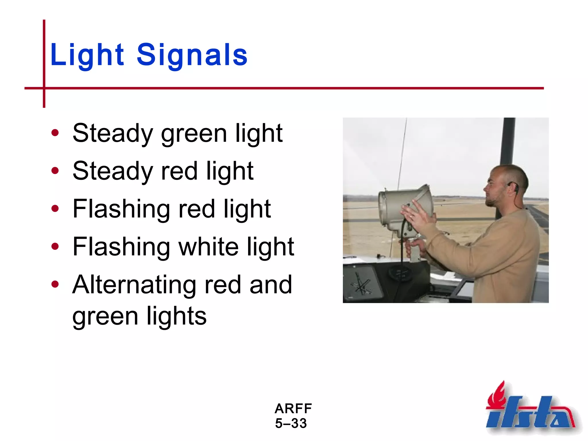 ARFF
5–33
Light Signals
• Steady green light
• Steady red light
• Flashing red light
• Flashing white light
• Alternating red and
green lights
 
