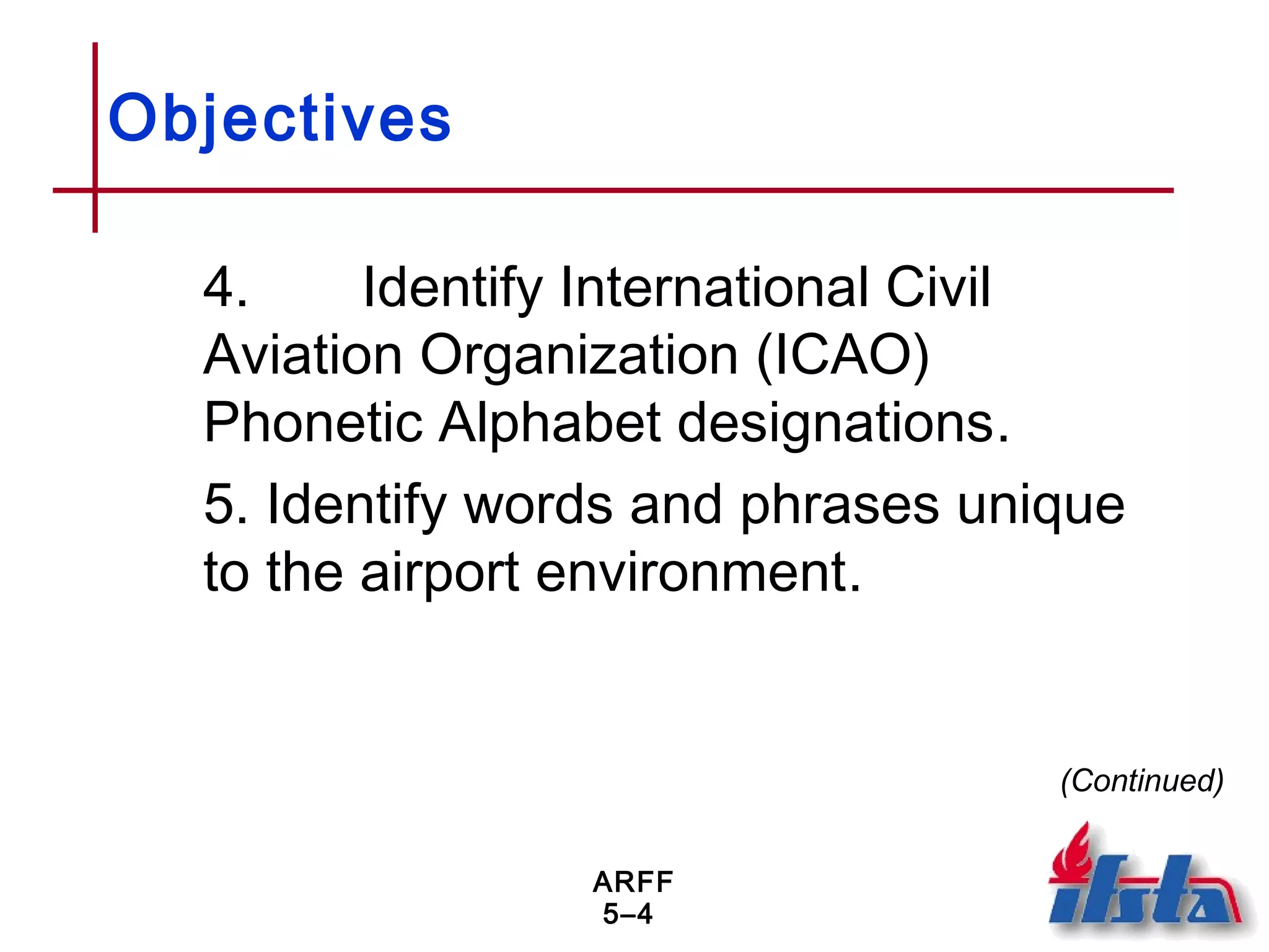 ARFF
5–4
Objectives
4. Identify International Civil
Aviation Organization (ICAO)
Phonetic Alphabet designations.
5. Identify words and phrases unique
to the airport environment.
(Continued)
 