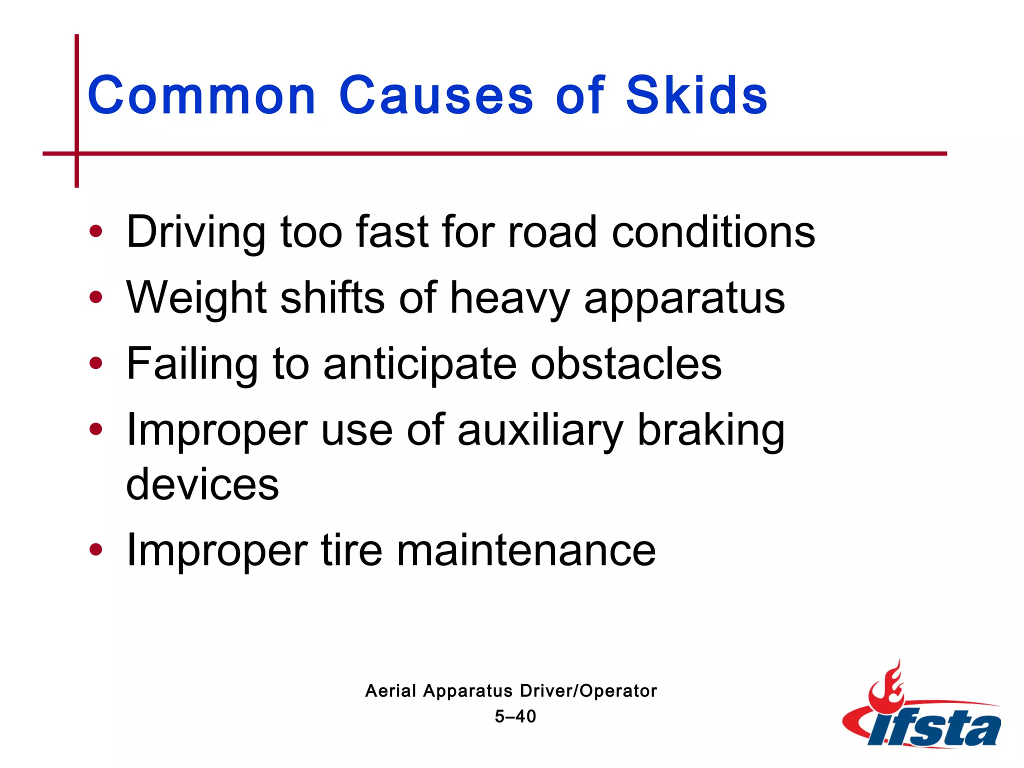 • Driving too fast for road conditions
• Weight shifts of heavy apparatus
• Failing to anticipate obstacles
• Improper use of auxiliary braking
devices
• Improper tire maintenance
Common Causes of Skids
5–40
Aerial Apparatus Driver/Operator
 