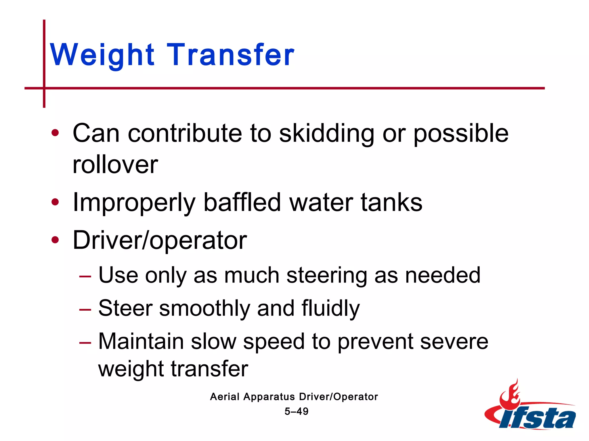 • Can contribute to skidding or possible
rollover
• Improperly baffled water tanks
• Driver/operator
– Use only as much steering as needed
– Steer smoothly and fluidly
– Maintain slow speed to prevent severe
weight transfer
Weight Transfer
5–49
Aerial Apparatus Driver/Operator
 