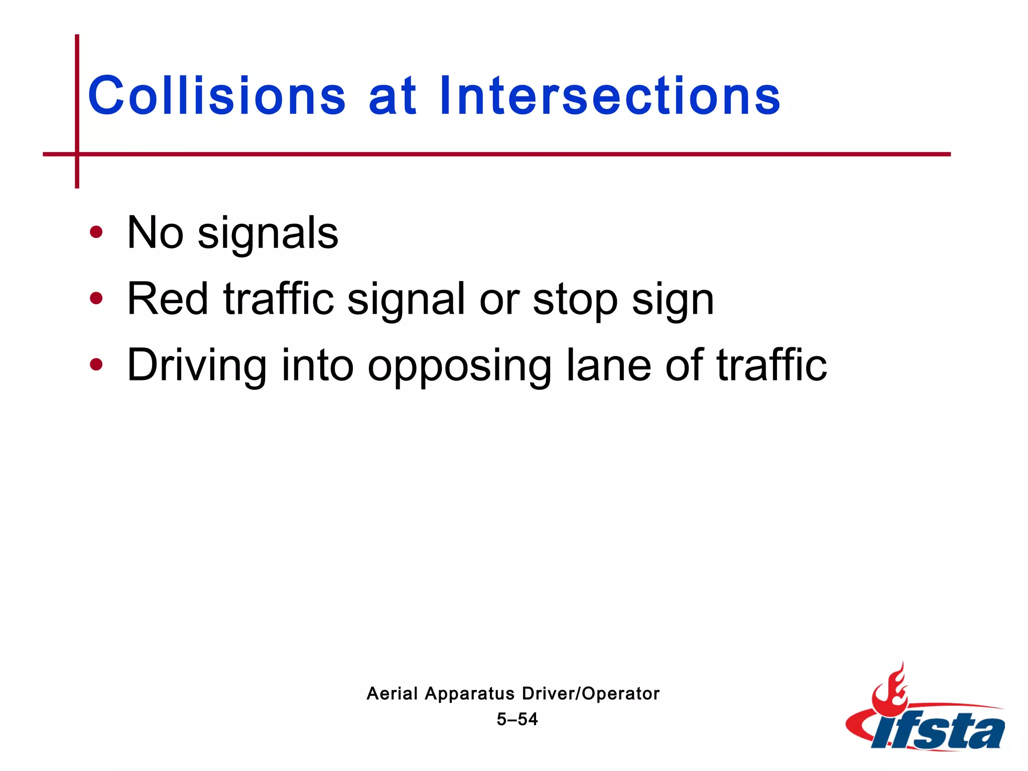 • No signals
• Red traffic signal or stop sign
• Driving into opposing lane of traffic
Collisions at Intersections
5–54
Aerial Apparatus Driver/Operator
 