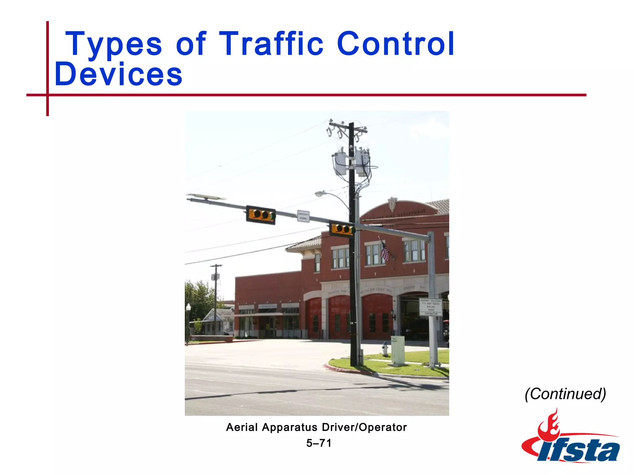 Types of Traffic Control
Devices
(Continued)
5–71
Aerial Apparatus Driver/Operator
 