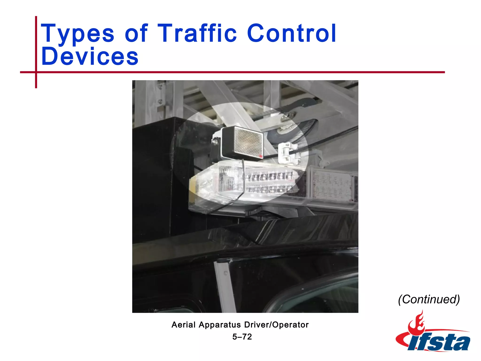 Types of Traffic Control
Devices
(Continued)
5–72
Aerial Apparatus Driver/Operator
 