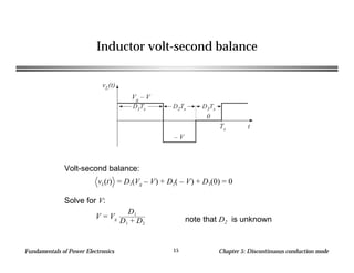 Fundamentals of Power Electronics Chapter 5: Discontinuous conduction mode15
Inductor volt-second balance
vL(t)
0
Ts t
D1Ts D2Ts D3Ts
Vg – V
– V
Volt-second balance:
Solve for V:
vL(t) = D1(Vg – V) + D2( – V) + D3(0) = 0
V = Vg
D1
D1 + D2
note that D2 is unknown
 