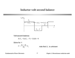 Fundamentals of Power Electronics Chapter 5: Discontinuous conduction mode27
Inductor volt-second balance
Volt-second balance:
Solve for V:
note that D2 is unknown
vL(t)
0
Ts t
D1Ts D2Ts D3Ts
Vg
Vg – V
D1Vg + D2(Vg – V) + D3(0) = 0
V =
D1 + D2
D2
Vg
 