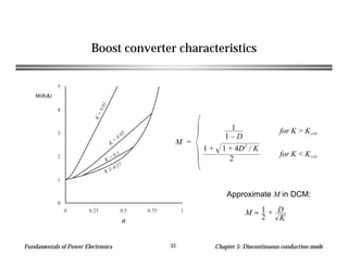 Fundamentals of Power Electronics Chapter 5: Discontinuous conduction mode33
Boost converter characteristics
M ≈ 1
2
+ D
K
0
1
2
3
4
5
M(D,K)
0 0.25 0.5 0.75 1
D
K=0.01
K
=
0.05
K = 0.1
K ≥ 4/27
Approximate M in DCM:
M =
1
1 – D
for K > Kcrit
1 + 1 + 4D2
/ K
2
for K < Kcrit
 