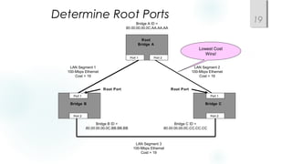 Determine Root Ports 19
Bridge B Bridge C
Root
Bridge A
Bridge A ID =
80.00.00.00.0C.AA.AA.AA
Bridge B ID =
80.00.00.00.0C.BB.BB.BB
Bridge C ID =
80.00.00.00.0C.CC.CC.CC
Port 1
Port 2
Port 1
Port 2
Port 1 Port 2
LAN Segment 2
100-Mbps Ethernet
Cost = 19
LAN Segment 1
100-Mbps Ethernet
Cost = 19
LAN Segment 3
100-Mbps Ethernet
Cost = 19
Root Port Root Port
Lowest Cost
Wins!
 