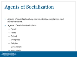  Agents of socialization help communicate expectations and
reinforce norms.
 Agents of socialization include:
– Family
– Peers
– School
– Workplace
– Religion
– Government
– Mass Media
Agents of Socialization
 