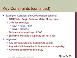 Slide 5- 23Copyright © 2007 Ramez Elmasri and Shamkant B. Navathe
Key Constraints (continued)
 Example: Consider the CAR relation schema:
 CAR(State, Reg#, SerialNo, Make, Model, Year)
 CAR has two keys:

Key1 = {State, Reg#}

Key2 = {SerialNo}
 Both are also superkeys of CAR
 {SerialNo, Make} is a superkey but not a key.
 In general:
 Any key is a superkey (but not vice versa)
 Any set of attributes that includes a key is a superkey
 A minimal superkey is also a key
 