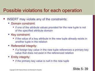Slide 5- 39Copyright © 2007 Ramez Elmasri and Shamkant B. Navathe
Possible violations for each operation
 INSERT may violate any of the constraints:
 Domain constraint:

if one of the attribute values provided for the new tuple is not
of the specified attribute domain
 Key constraint:

if the value of a key attribute in the new tuple already exists in
another tuple in the relation
 Referential integrity:

if a foreign key value in the new tuple references a primary key
value that does not exist in the referenced relation
 Entity integrity:

if the primary key value is null in the new tuple
 