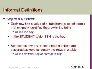 Slide 5- 8Copyright © 2007 Ramez Elmasri and Shamkant B. Navathe
Informal Definitions
 Key of a Relation:
 Each row has a value of a data item (or set of items)
that uniquely identifies that row in the table

Called the key
 In the STUDENT table, SSN is the key
 Sometimes row-ids or sequential numbers are
assigned as keys to identify the rows in a table

Called artificial key or surrogate key
 