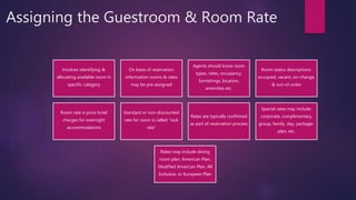 Assigning the Guestroom & Room Rate
Involves identifying &
allocating available room in
specific category
On basis of reservation
information rooms & rates
may be pre-assigned
Agents should know room
types, rates, occupancy,
furnishings, location,
amenities etc.
Room status descriptions:
occupied, vacant, on-change,
& out-of-order
Room rate is price hotel
charges for overnight
accommodations
Standard or non-discounted
rate for room is called “rack
rate”
Rates are typically confirmed
as part of reservation process
Special rates may include:
corporate, complimentary,
group, family, day, package-
plan, etc.
Rates may include dining
room plan: American Plan,
Modified American Plan, All
Inclusive, or European Plan
 